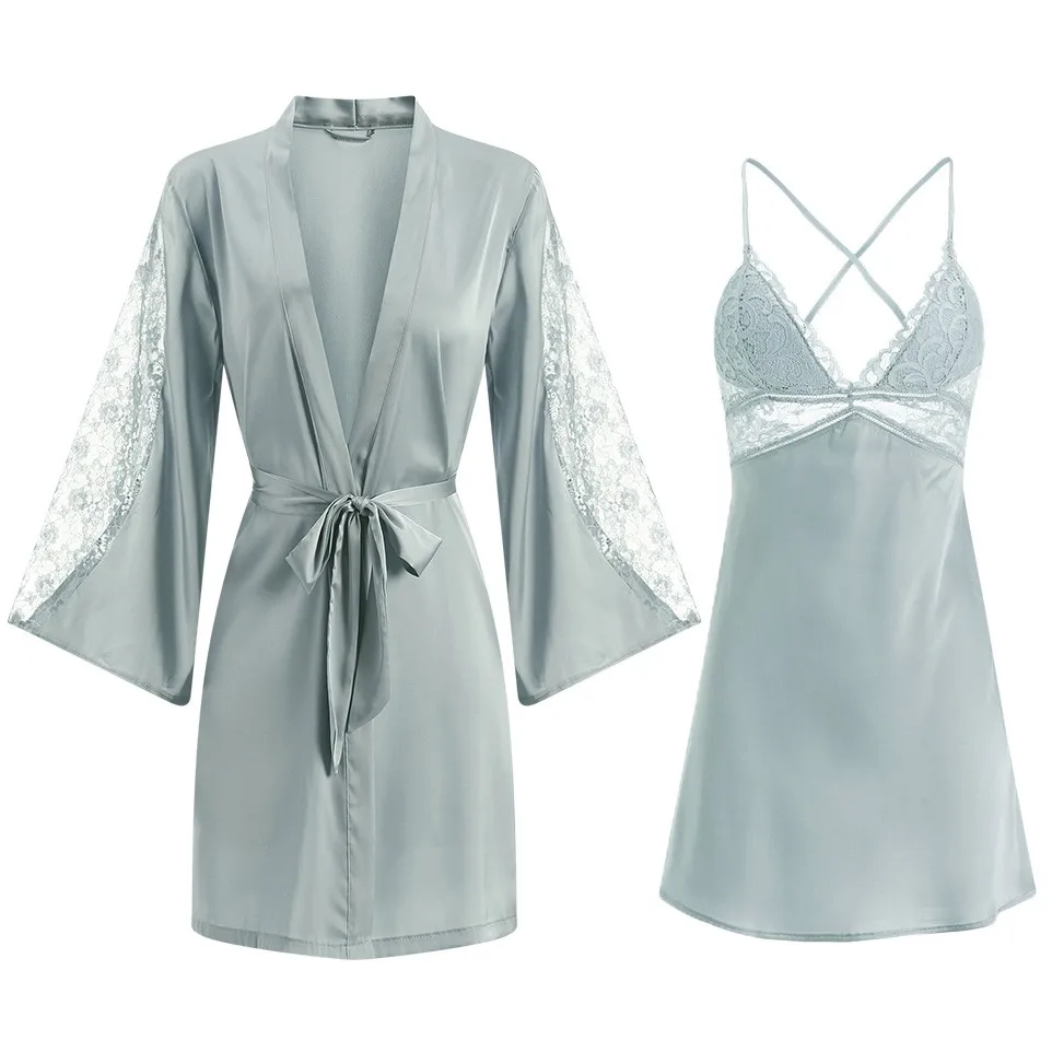 

Lady Sexy Robe Sleep Set Hollow Out Lace Kimono Bath Gown Nightdress Silky Within Temptation Sleepwear Soft Satin Home Clothes