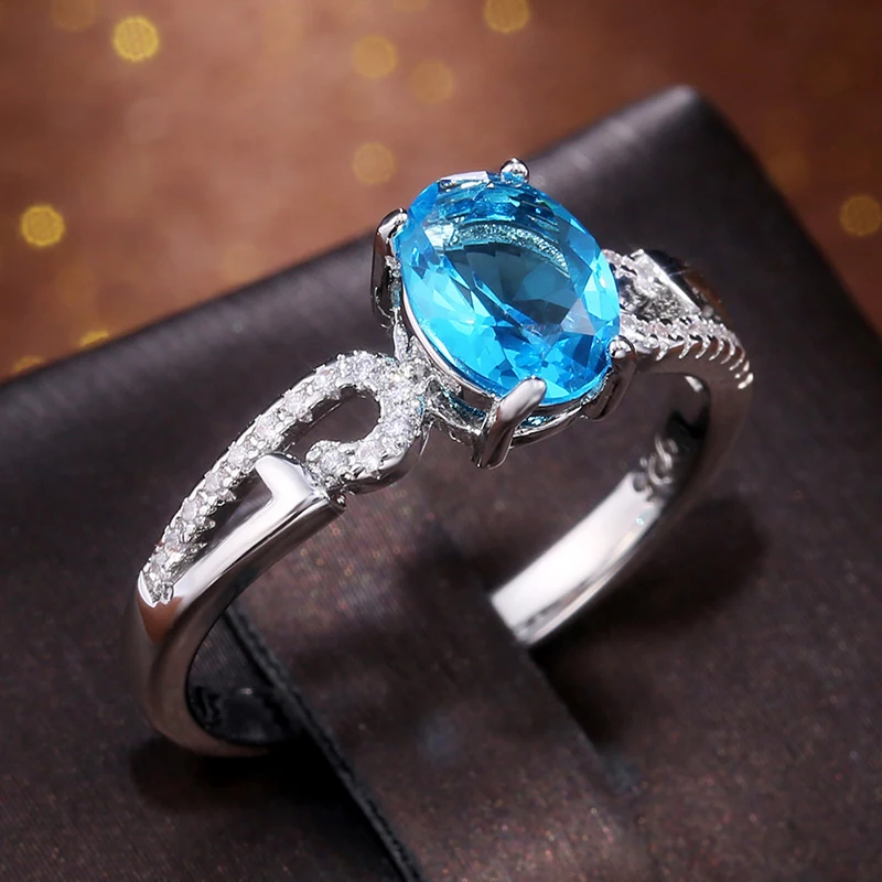 

Gorgeous Oval Sky Blue Dazzling Cubic Zircon Stone Rings For Women Classic Luxury Proposal Engagement Jewelry Wedding Band Gift