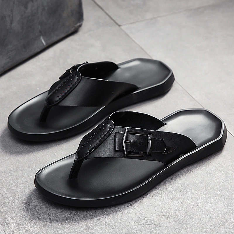 Мужские сандалии из натуральной кожи летние шлепанцы на плоской подошве легкие