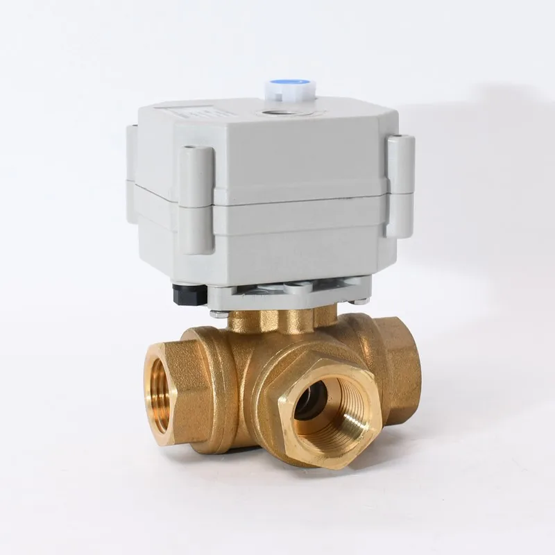 

DN15 3-Way Horizontal T/L Bore 9-24VAC/DC 1/2" Motorized Brass Ball Valve With Manual Override Capacitor Auto Return