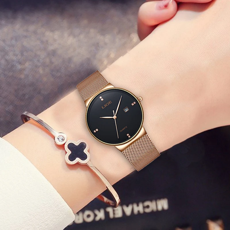 Кварцевые женские часы LIGE 2019 новые модные повседневные водонепроницаемые ультра