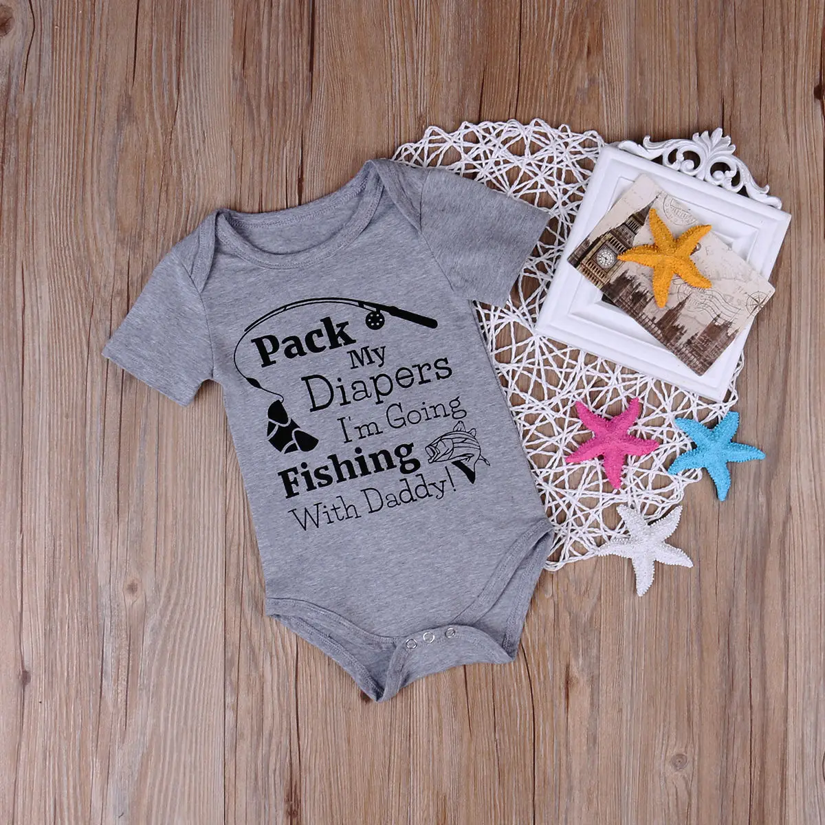 Детский комбинезон с коротким рукавом надписью I'm To Fish with Daddy |