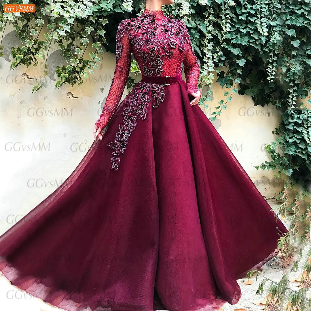 

Dubai Budgundy High Neck Evening Gown 2022 Vestido De Festa De Casamento Long Sleeves Appliqued Beading Abendkleider Party Dress