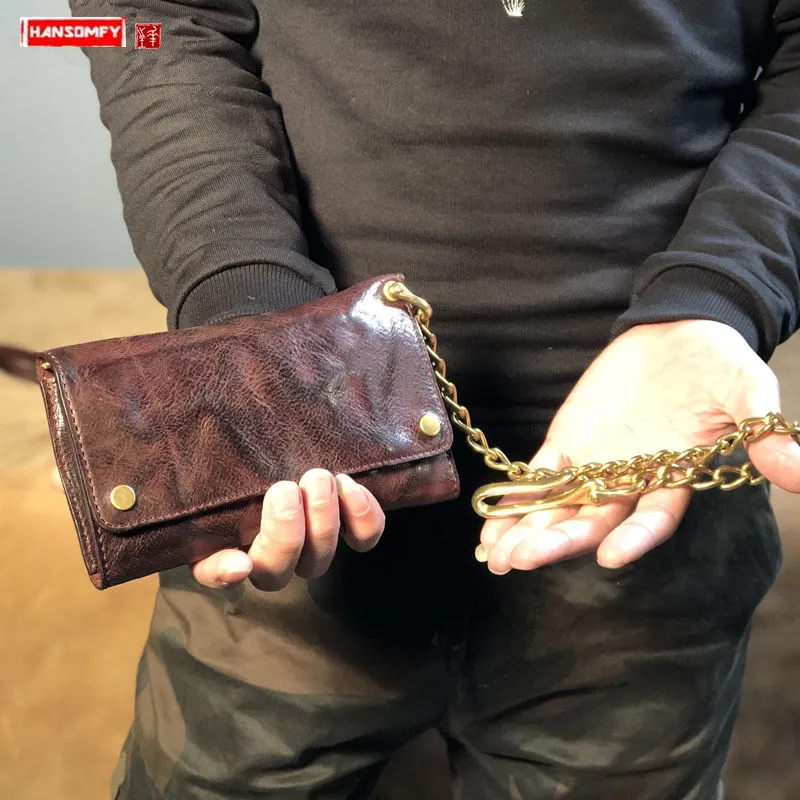 Genuine Leather Long Wallet Men Purse Copper Chain Dismantling Men's Medium and Long Wallet Card Holder Fold Leather Wallets