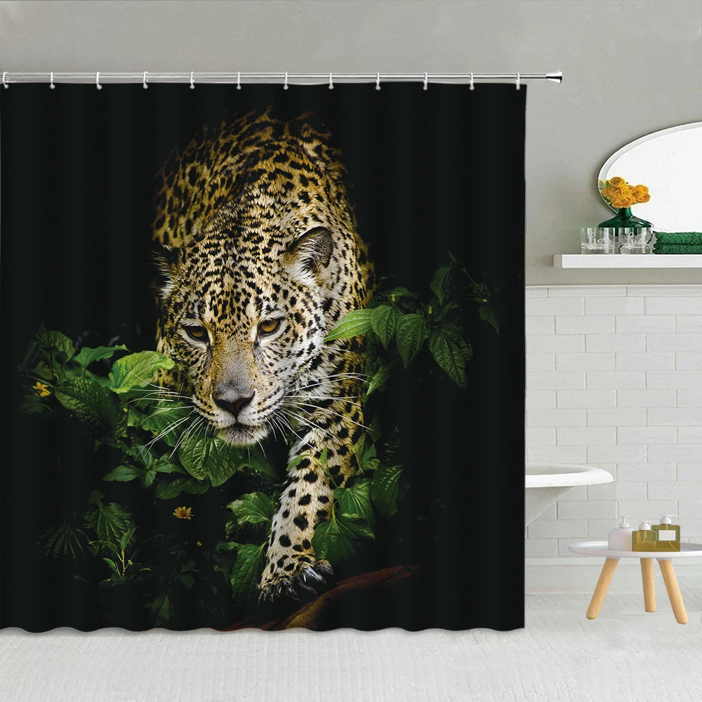 

Forest Wildlife Scenery Shower Curtain Tiger Wolf Leopard Tree Leaves River Bathroom Decor Waterproof Cloth Hooks Curtains Set