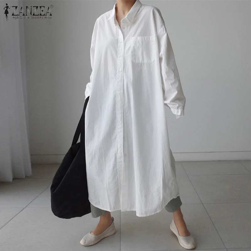 

ZANZEA Autumn Women 2021 Baggy Plain Solid Robe Long Sleeve Kaftan Sundress Button Lady Clothing Stylish Vestido Maxi Chic Dress