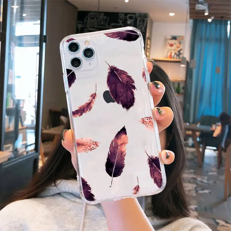 

Fashion Feather red pink Phone Case Transparent soft For iphone 5 6 7 8 11 12 s c se plus mini x xs xr pro max