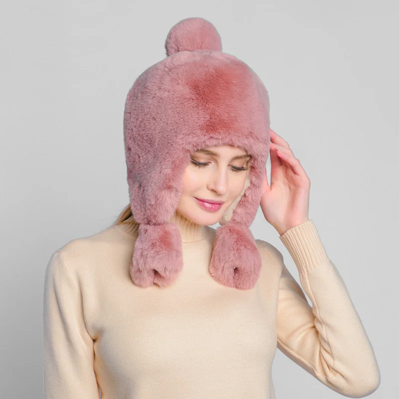 Зимняя теплая шапка бомбер из искусственного кроличьего меха мягкая унисекс