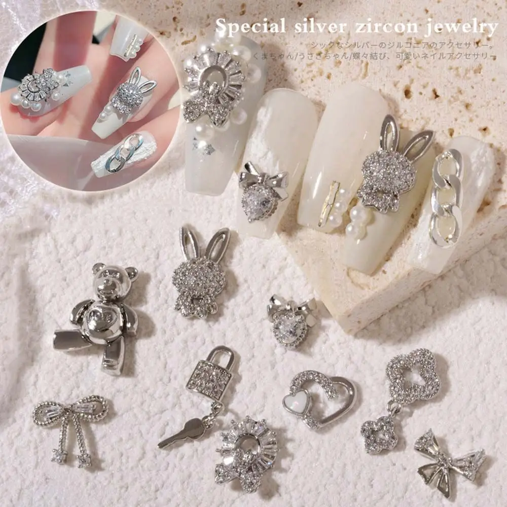 

1 PC 3D Metal Zircon Nail Art Jewelry Luxury Nail Decorations Silver Bear Bow Bunny Love Glitter Zircon Manicure Charms
