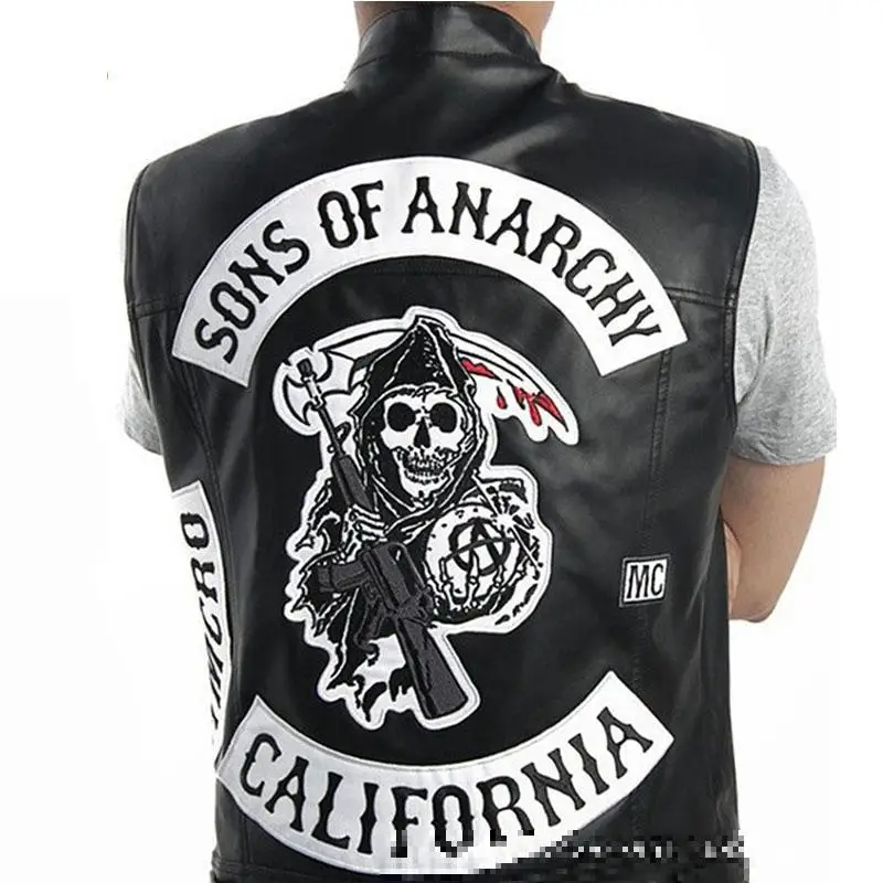 

Мотоциклетная куртка без рукавов, модный костюм черного цвета с вышивкой Сыновья Анархии, кожаный костюм для косплея панк-жилет