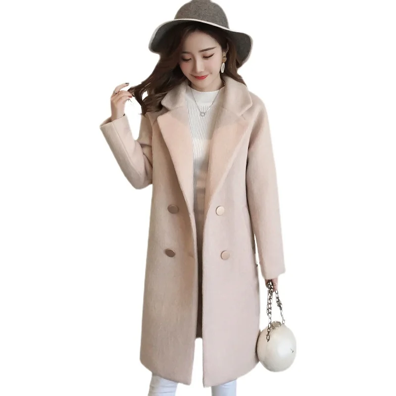 Женское длинное двубортное пальто винтажное розовое из смесовой шерсти с