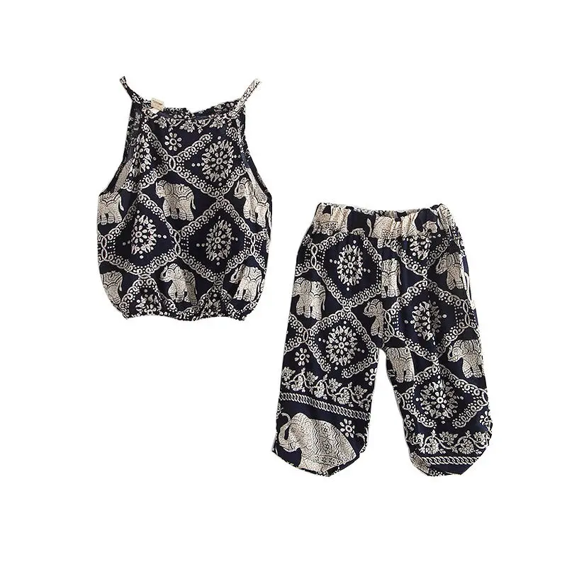 

Girls' vest two-piece summer new style sleeveless printed suspender baby comfortable casual pants suit P4751