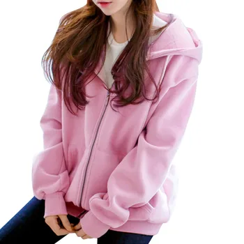 Korean Fashion Hoodies Women Solid Color Zip Up Pocket Oversized Sweatshirts Female Long Sleeve Hooded Jacket Coat Pink Зип Худи 1