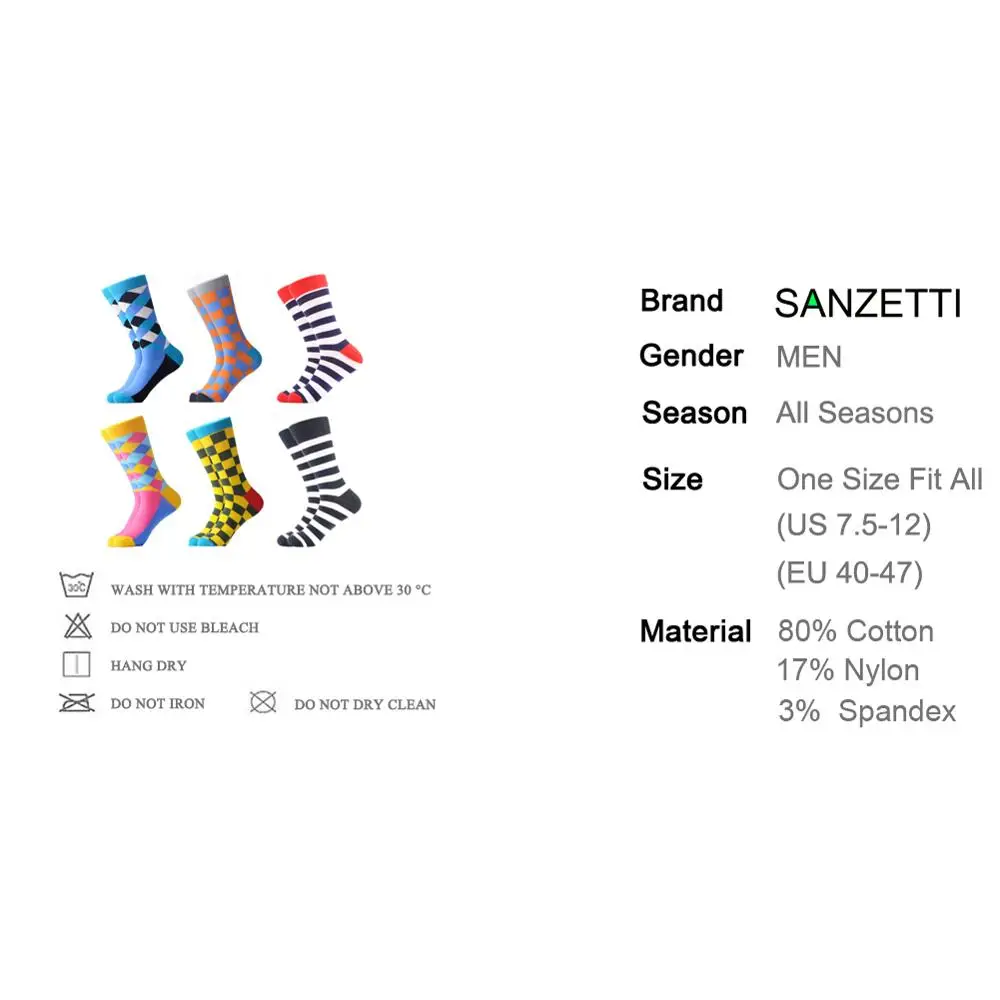 SANZETTI/6 пар/лот, мужские цветные повседневные носки из чесаного хлопка, удобные носки с узором для свадебного торжества, дня рождения, подарка, платья
