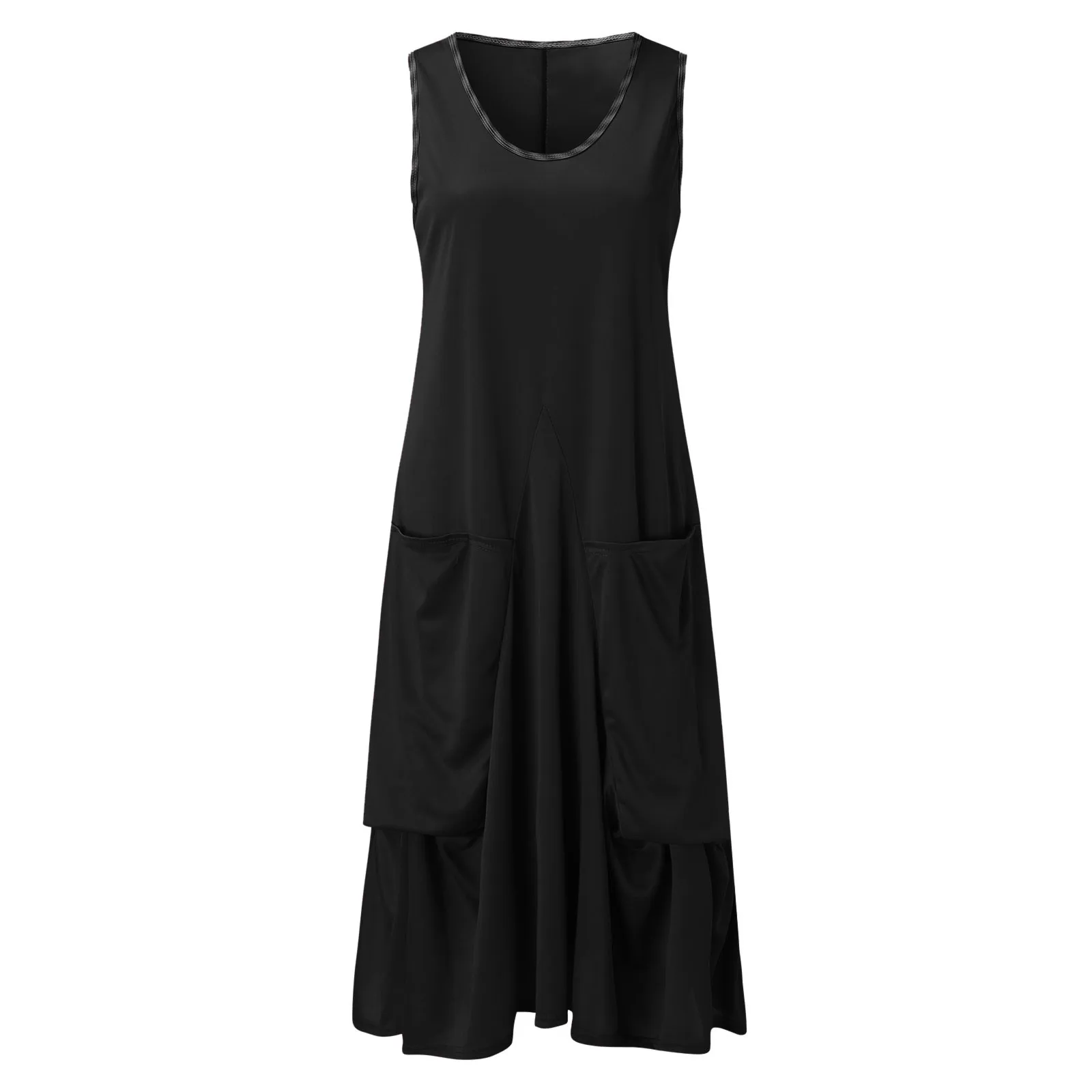 

Women Plus Size Dress Print Daily Casual Sleeveless Loose Pocket Dress Vintage Bohemian V Neck Maxi Solid Dress R5