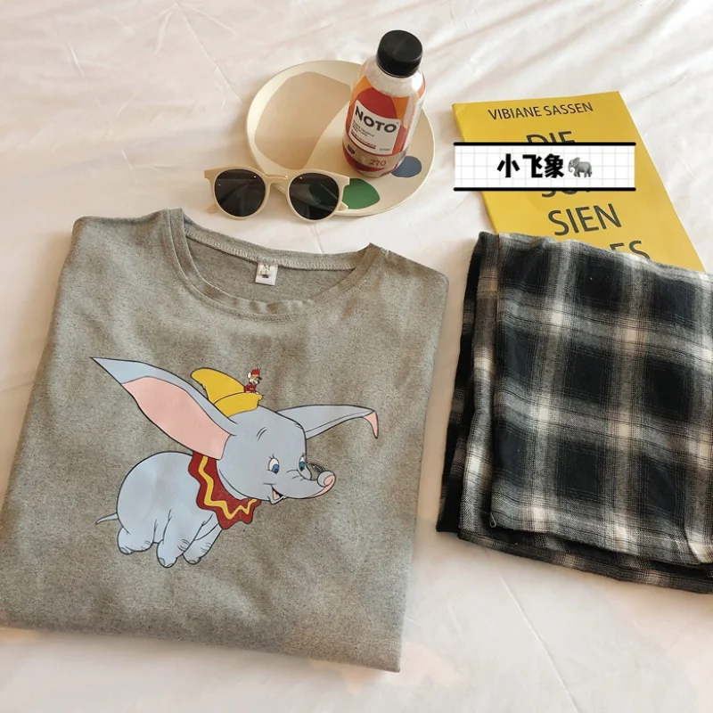 Disney Dumbo Pajamas Plus Size Loose 2 Piece Set Pijama Mujer Long Sleeve Top and Plaid Pants Sleepwear Autumn Winter 2021 New