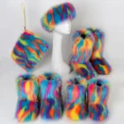 Swoncoмеховые сапоги с шапкой + сумкой; Зимние сапоги на меху; Женская зимняя обувь; 2020; Разноцветные меховые сапоги; Женская меховая сумка