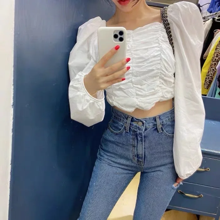 

TVVOVVIN Square Neck Puff Sleeve Short Shirt Spring New Solid Color Pleated All-match Female Pullover Tops J88F