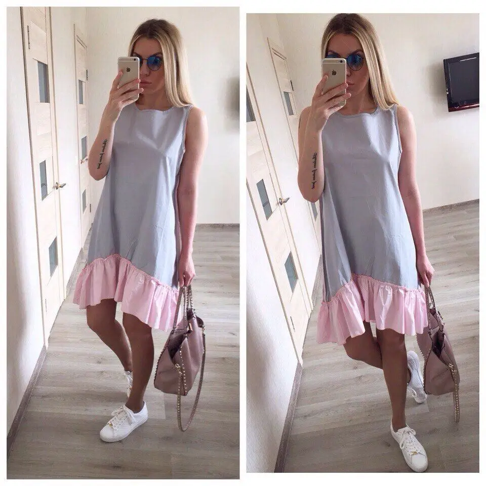 

Summer Dresses 2021 Casual Loose Patchwork Sleeveless Ruffles O-Neck Mini Dress Fashion Women Dress Vestidos