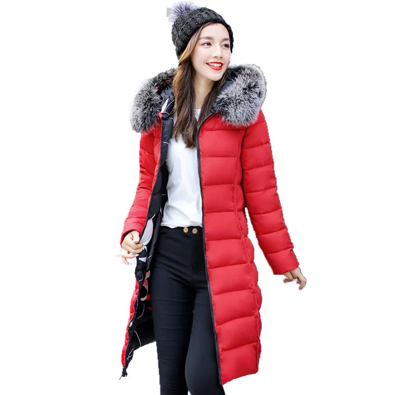 

Elegant Girls Fashion Long Style Cotton Padded Coat Winter Thick Warm Large Fur Collar Down Padded Jacket Double Side Wear Veste