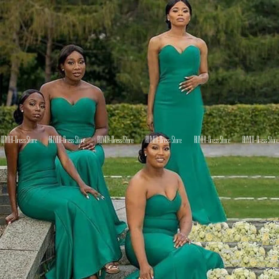 

Sweetheart Green Wedding Party Dresses Plus Size Bridesmaid Dresses African Women Lace Up Back Sheath Satin Long Prom Gowns