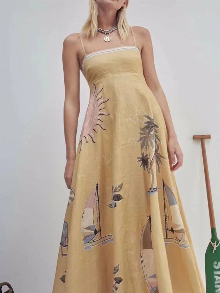 

2022 Spring Summer 100% Cotton Dress Women Spaghetti Strap Yellow Flowers Printed Sleeveless Elegant Holiday Party Dresses