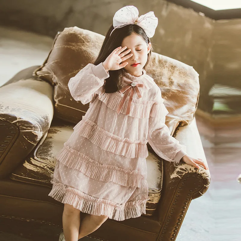 Children's Princess Skirt Spring Girl Dress 2020 Long Sleeve Bow Mesh Cake Kids Clothes Wave Dot Fluffy skirt | Детская одежда и