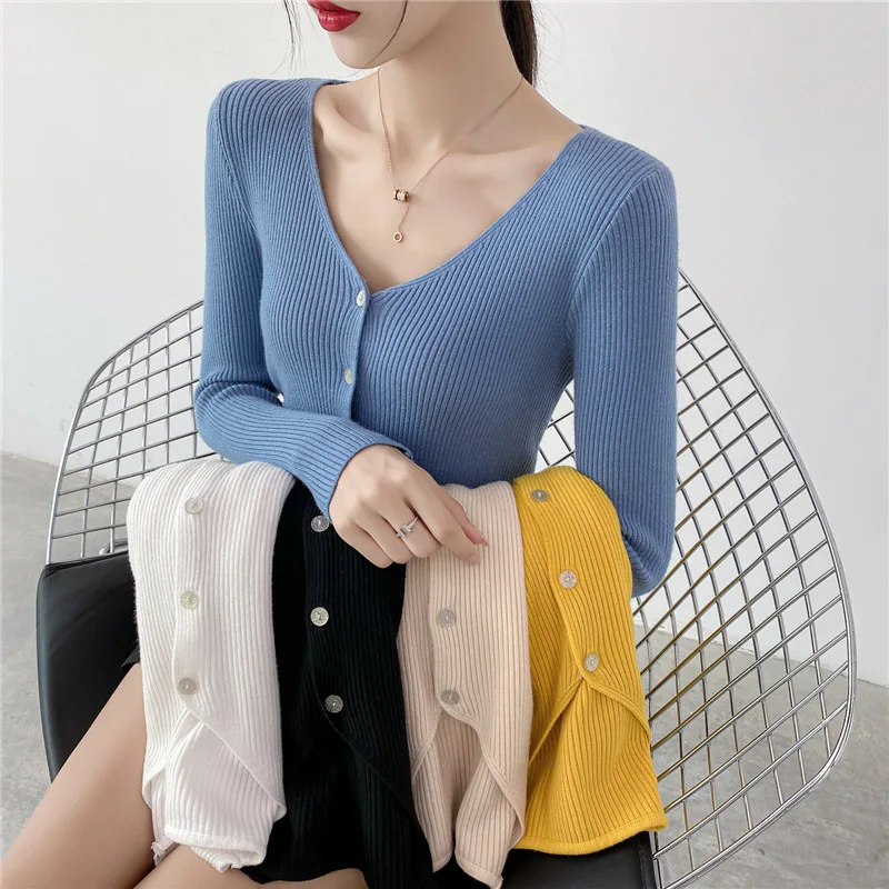

Spring and Autumn Self-cultivation Western Style V-neck Knit Sweater Solid Color Inner Top Coat Bottoming Shirt Sweater Women