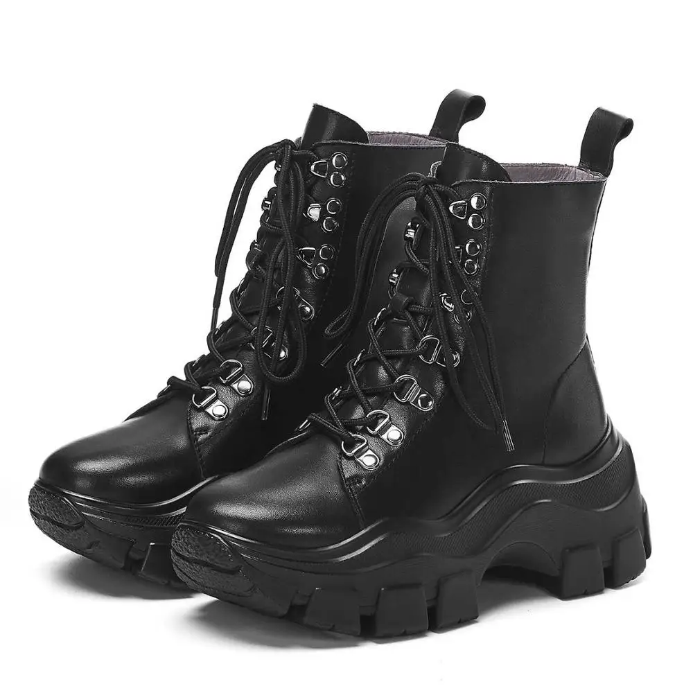 

Lenkisen thick bottom platform fashion genuine leather round toe solid lace up rivets winter women leisure style ankle boots L12