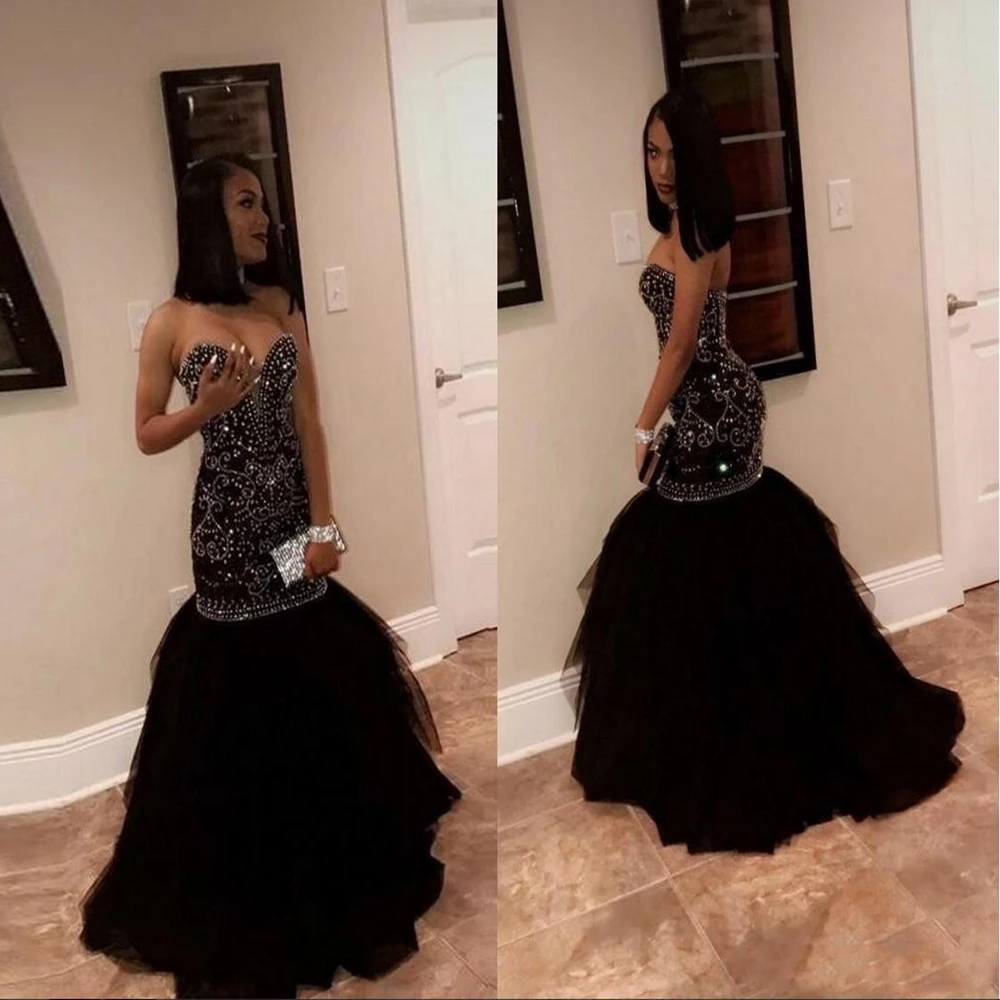 

Sparkly Crystal Beading Mermaid Prom Dresses 2020 Sweetheart Lace Up Back Trumpet Long African Black Girls Evening Party Gowns