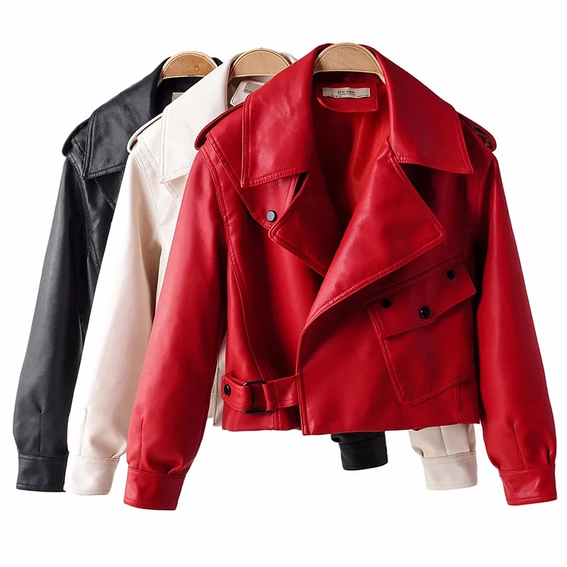 

ZCWXM Short Faux Leather Jacket Women Pu Motorcycle Biker Red/Black Leather Coat Fashion Turndown Collar Loose Streetwear
