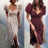 2021 summer leisure womens digital printing short sleeve v neck big hem split party dresses