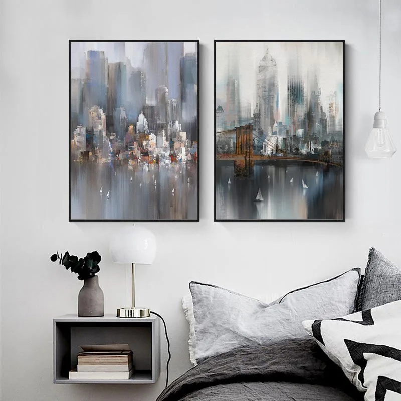 

Современный абстрактный городской строительный пейзаж постер винтажный с мостом и лодкой картина маслом на холсте настенная художественн...