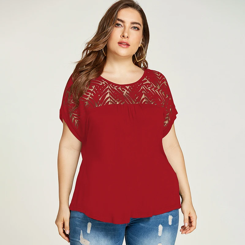 Женская кружевная блузка YOINS Повседневная Блузка с коротким рукавом и круглым