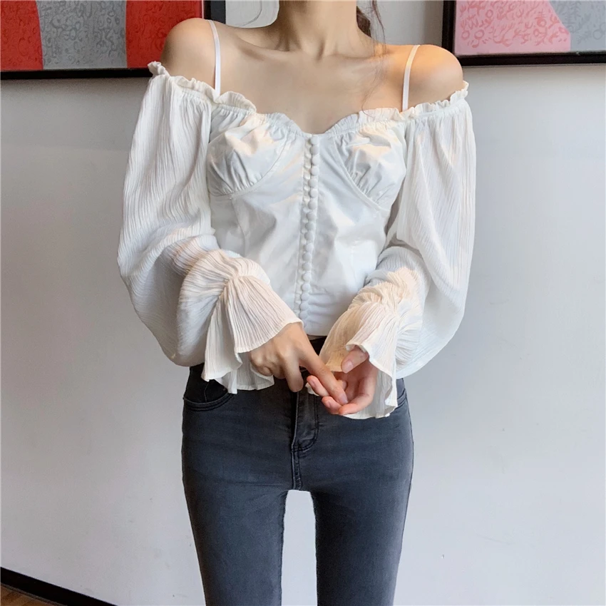 

lantern sleeve square collar full casual crop top Korean Spring and autumn tops Women's Clothing high quality temperament shirts