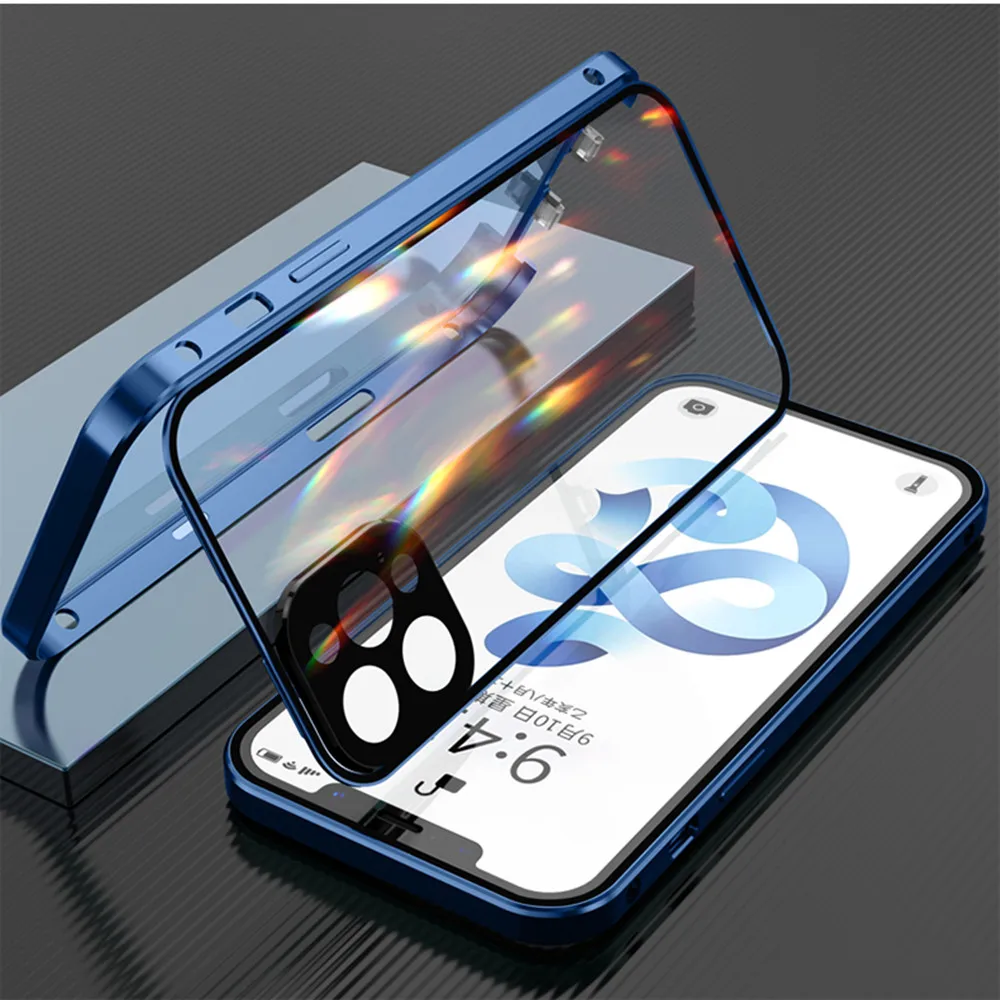 

Metal 360 with Built in Screen Protect For iPhone 13 Pro Max Mini Case Safety Locks Glass Funda luxury Coque Phone Camera Cover
