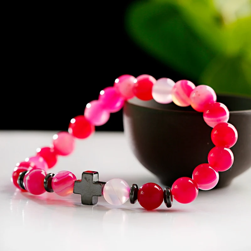 

2019 Charm Hematite Cross Beads Bracelets For Women Men Handmade Rose Red Natural Striped Stone Bracelet Bangles Jewelry Gifts