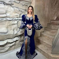 verngo dubai kaftan velvet royal blue evening dresses mermaid long sleeves applique side slit arabic women formal prom dress