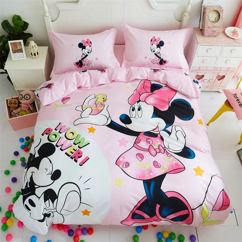 Disney Cartoon Pink Blue Mickey Minnie Mouse Bed Linen Duvet Quilt Pillowcase Bed Sheet Children Bedroom Decor Home Textile