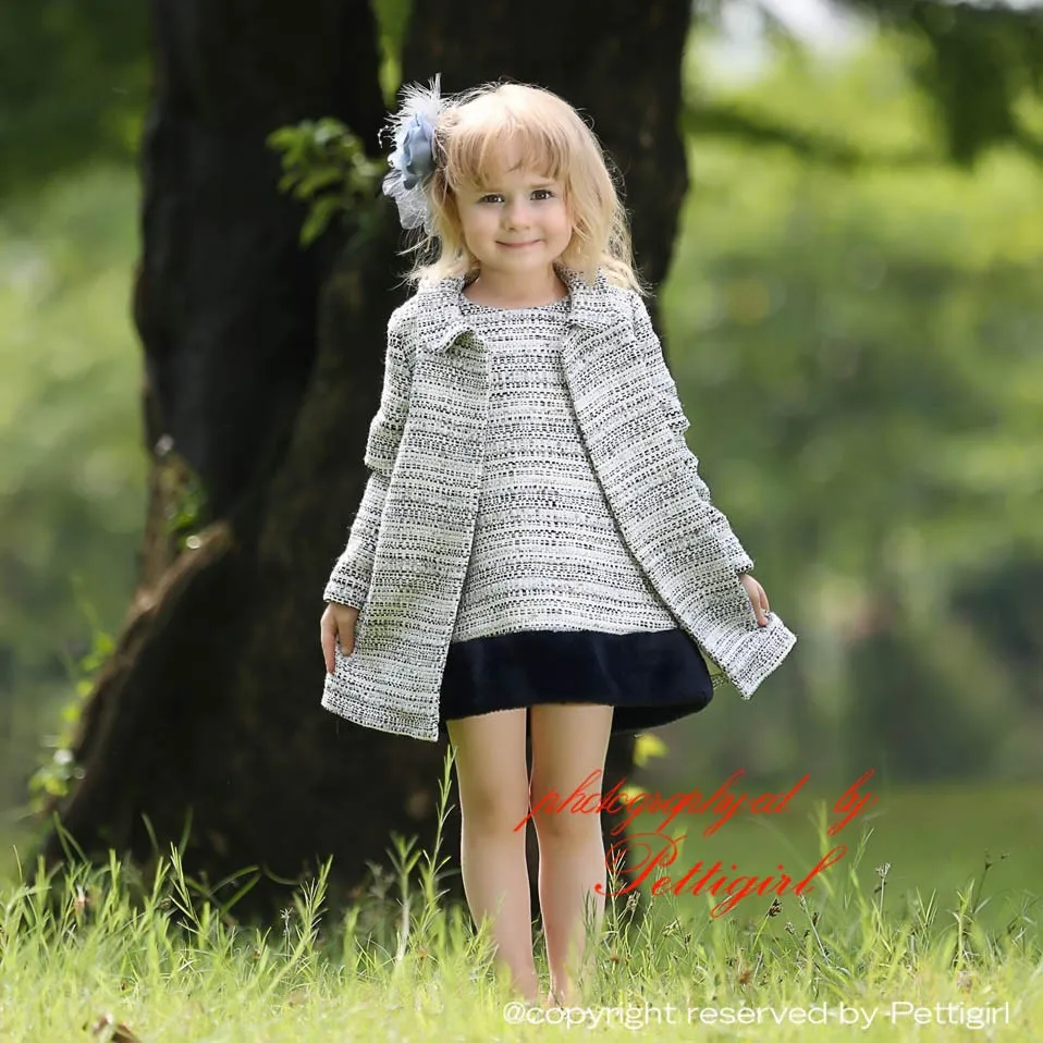Pettigirl Girls Костюмы комплекты одежды 3 предмета в комплекте серого и белого цветов, Детская верхняя одежда и модное платье с темно-синими шейный платок, Детская осенняя одежда