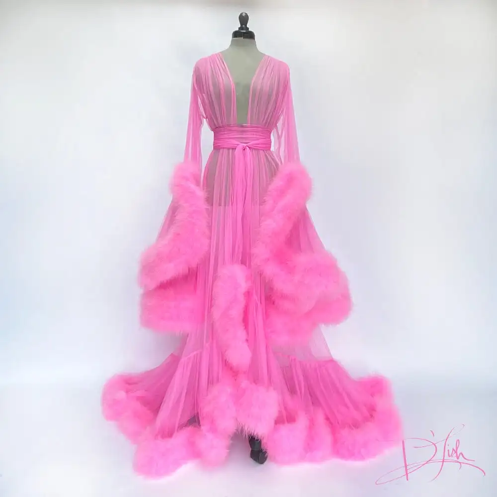 

Luxe Pink Bathrobes Nightwear Luxury Fur Wedding Party Sleepwear Custom Made Women Nightgowns Robes Lingerie