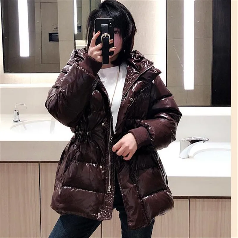 Новые женские парки глянцевая ткань шнурок с капюшоном пуховик пальто | Женская