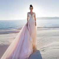 o neck applique lace beach wedding dress long sleeve with beading tulle bridal gowns sheer back bride dress vestido de noiva