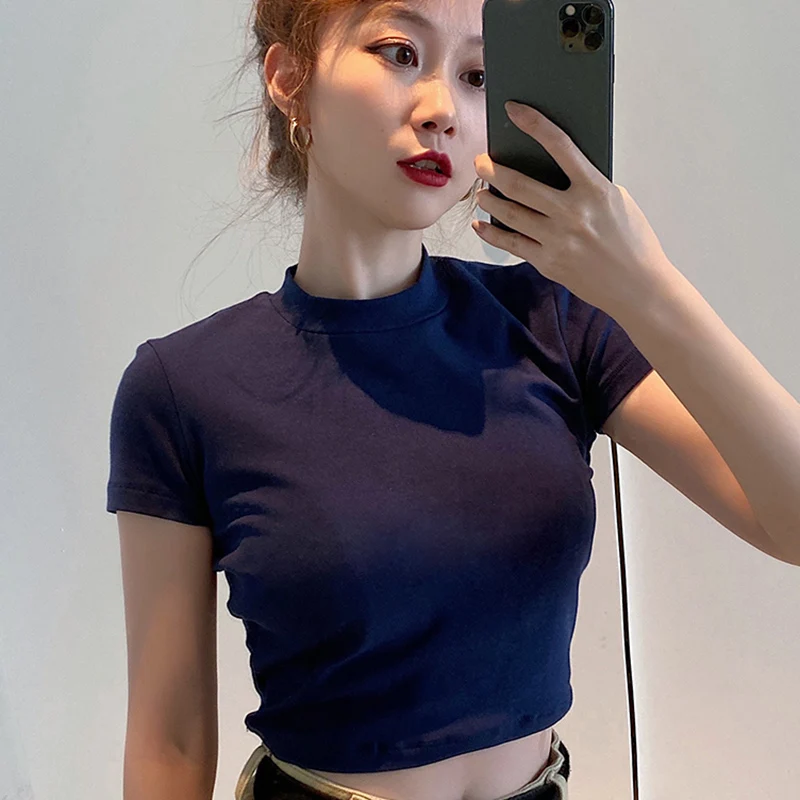 

Sexy Crop Top T Shirt Solid Cotton O Neck Short Sleeve T-shirt Women High Waist Korean Slim Short T Shirt Women Tops 2021 Summer