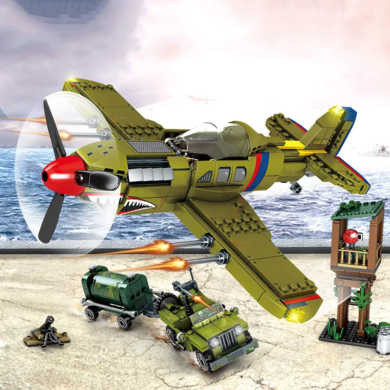 

649pcs WW2 US Army P-40 Fighter Pearl Harbor Building Block Technical Creator Airplane Military Model Bricks Toy for Children