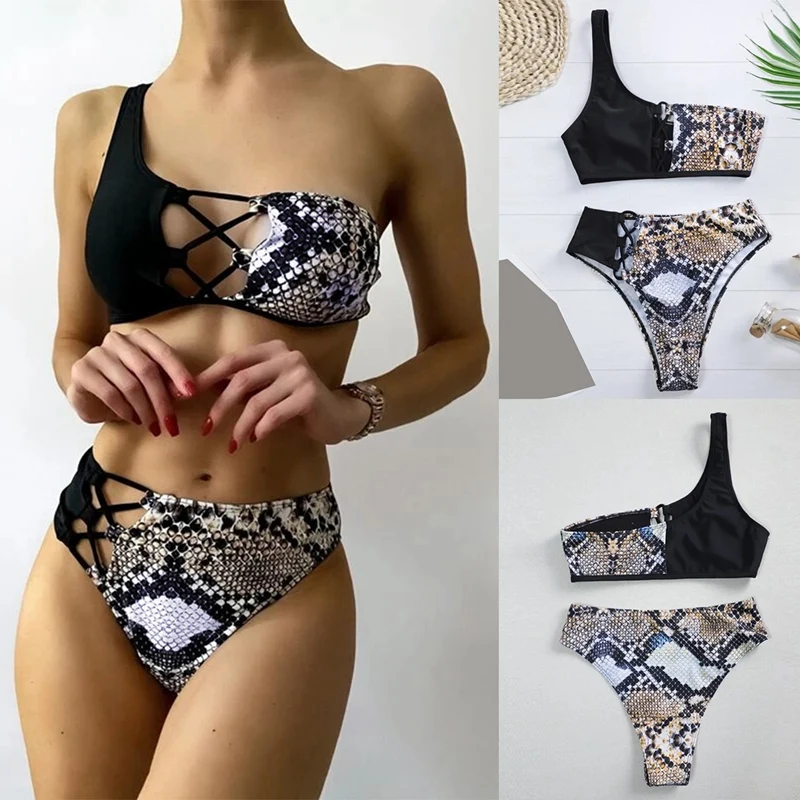 

Women's Swimsuit Push Up Bikini Sexy Serpentine Swimwear One Shoulder Triple-Cornered Bikini Swimsuit 2 Piece Female