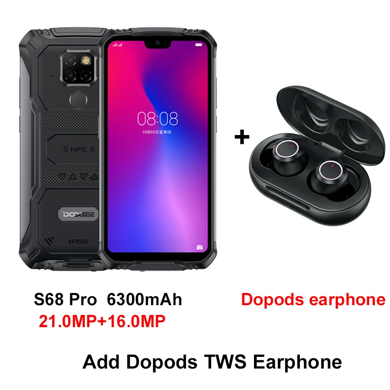 Add Dopods Earphone IP68 Водонепроницаемый Doogee S68 Pro прочный телефон Helio P70 Восьмиядерный 6 ГБ 128 Гб Смартфон 21 Мп+ 8 Мп+ 8 Мп 5," 6300 мАч 12 В/2 а зарядка - Цвет: Add Dopods Earphone