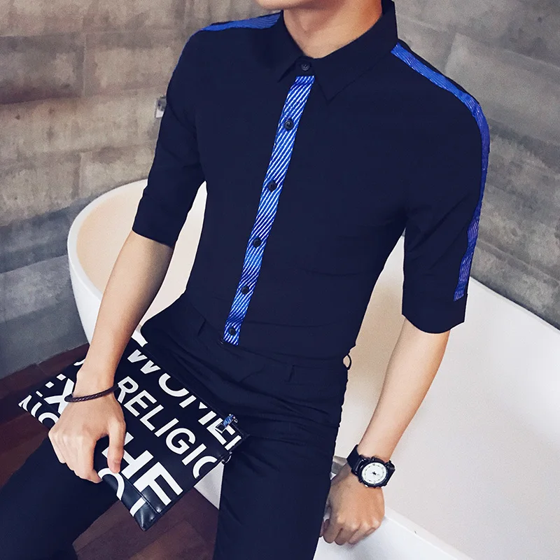 

Fashion 2021 Summer Half Sleeve Shirts Men Dress Simple Ribbon Decor Slim Fit Casual Night Club/Prom/Streetwear Tuxedo Black 3XL
