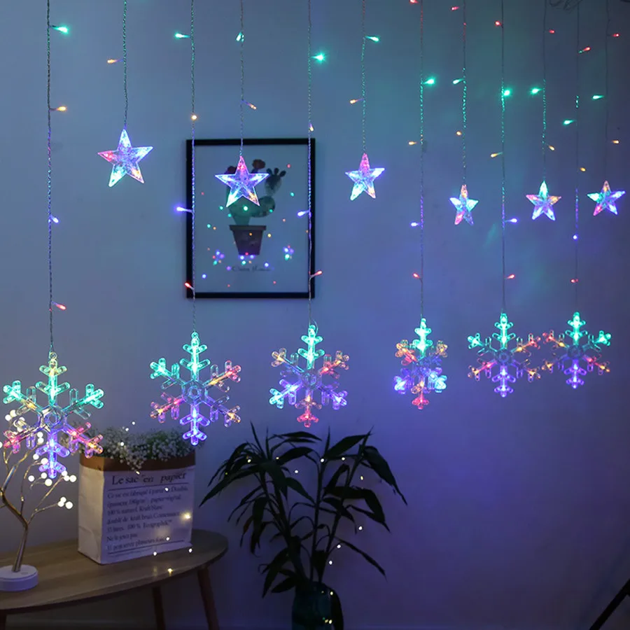 Multicolor Thrisdar 2,5 м Романтическая звезда снежинки окно занавеска Гирлянда Свет Фея Свадьба День рождения Рождественский занавес Сосулька свет - Испускаемый цвет: Multicolor