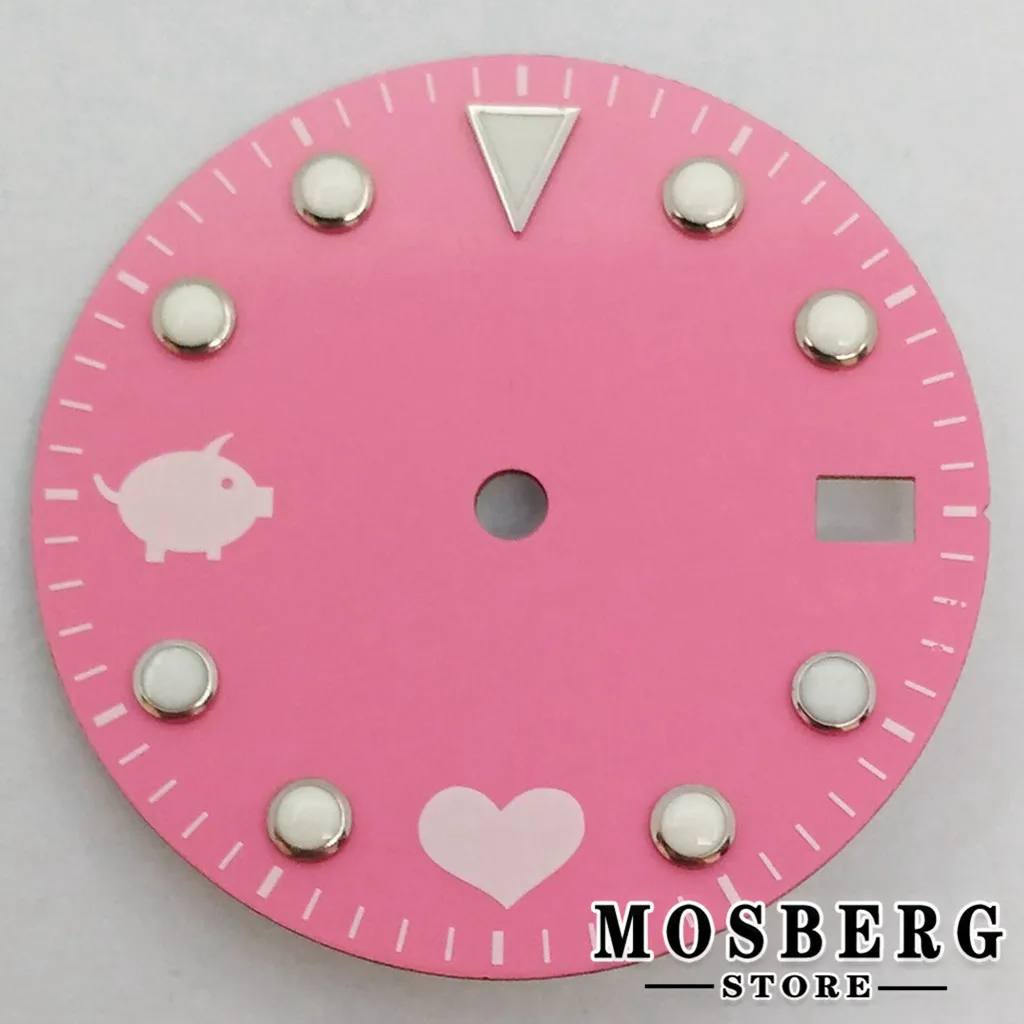 

28.5mm Pink Sterile Green Luminous Watch Dial With Date Window For NH35 NH35A Watches Movement Accessories